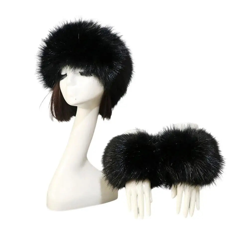 Women's fox fur coat 3-piece winter set, headband, hat and wrist warmers