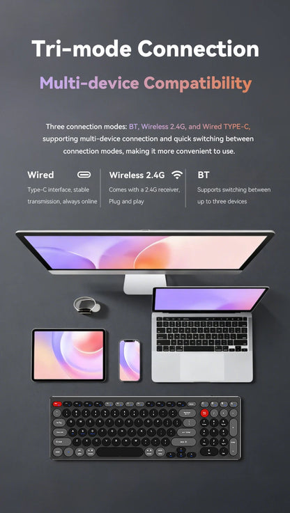 Hiljainen alumiininäppäimistö, kolme yhteystilaa, ergonominen, ohut