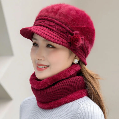 Women's winter hat and scarf set, fur-lined floral knitted hat