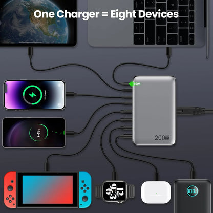 200W Pikalatausasema – 8-porttinen USB-C-keskitin 65W PD-laturilla