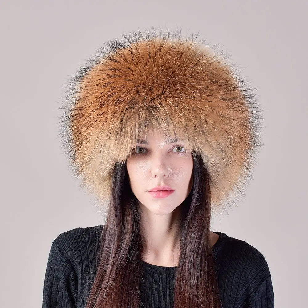 Women's genuine fox fur hat with earflaps, thick luxury winter hat