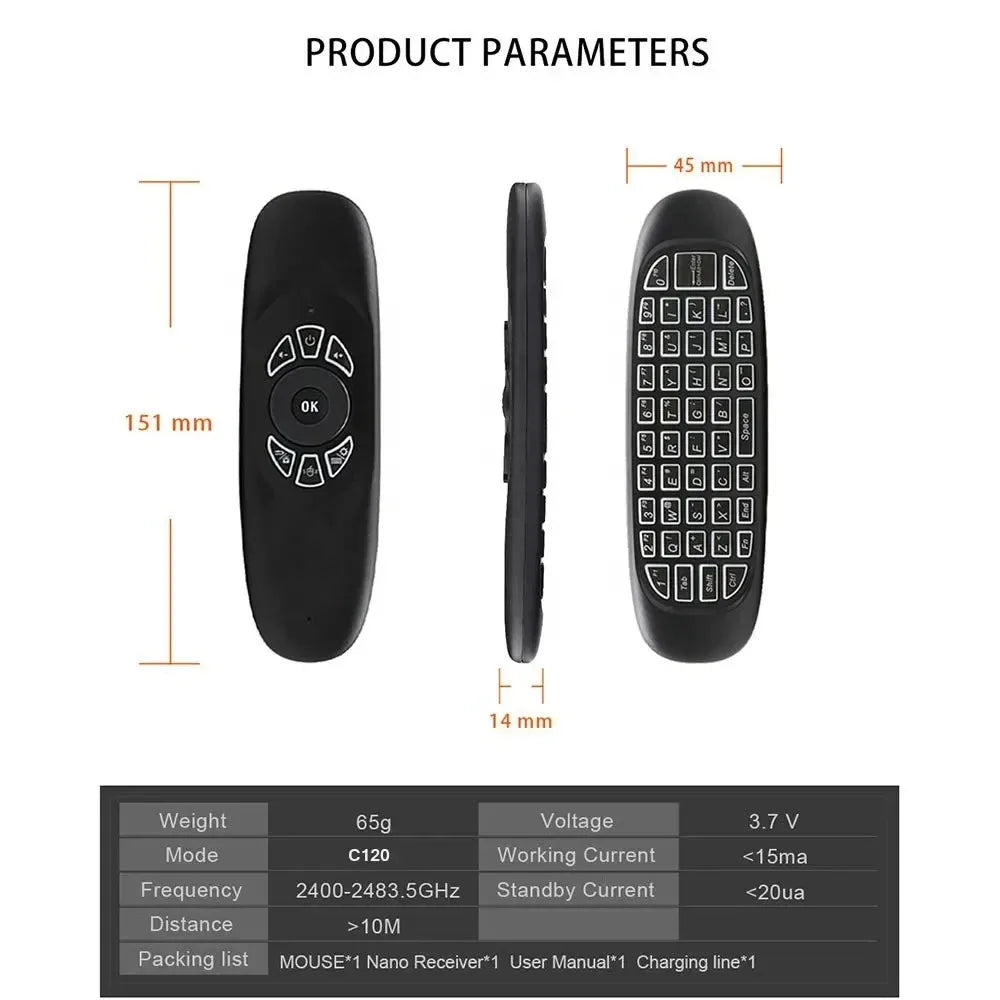 C120 Taustavalaistu Ilmahiiri – 2.4G Langaton Mini-näppäimistö Gyroskoopilla Smart TV:lle
