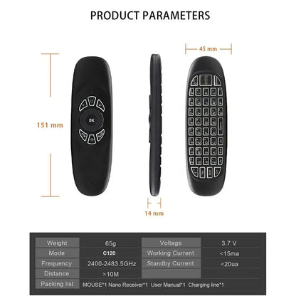 C120 Taustavalaistu Ilmahiiri – 2.4G Langaton Mini-näppäimistö Gyroskoopilla Smart TV:lle