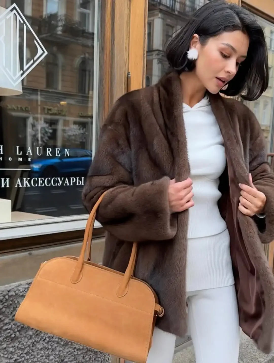 Luxurious faux fur coat for women, stylish lace trim detail