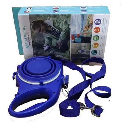 Multi-purpose dog leash, water bottle, bowl and poop bag dispenser