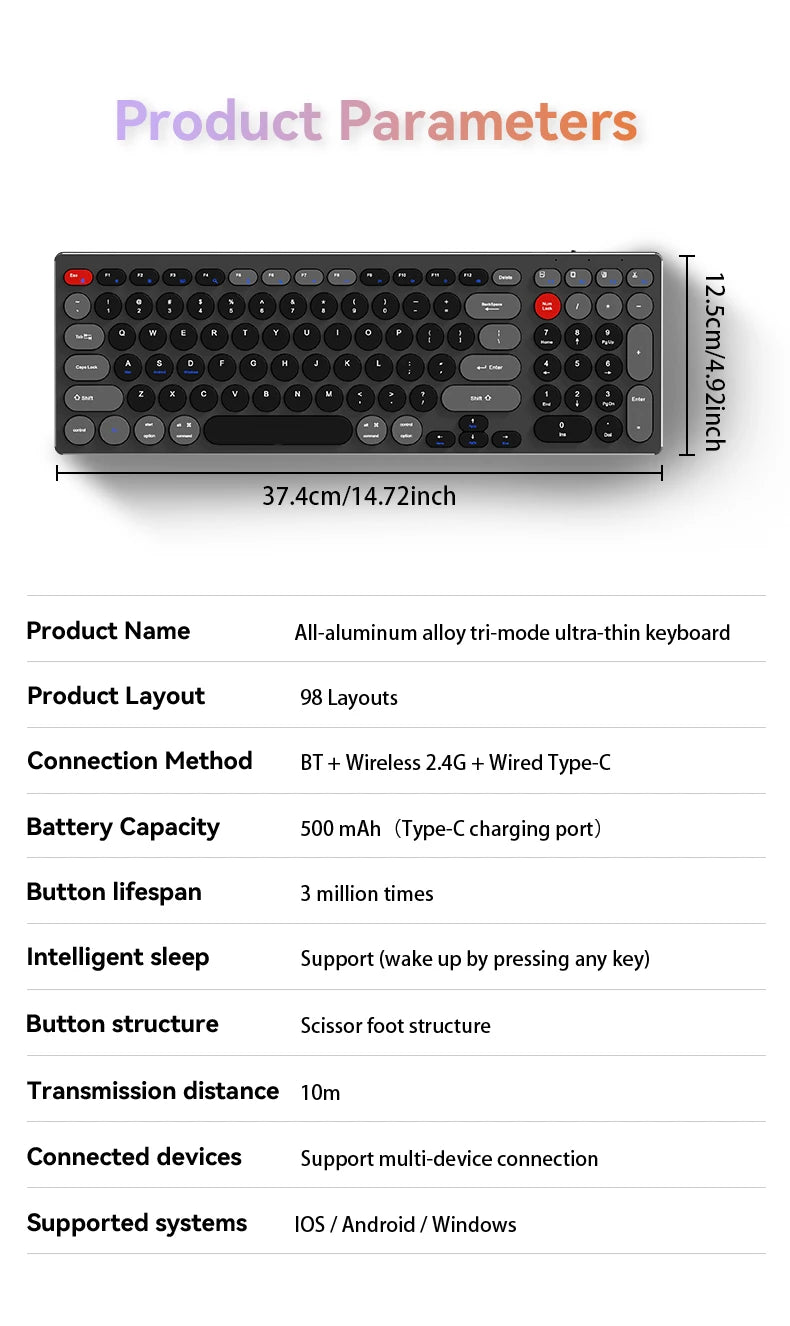 Hiljainen alumiininäppäimistö, kolme yhteystilaa, ergonominen, ohut