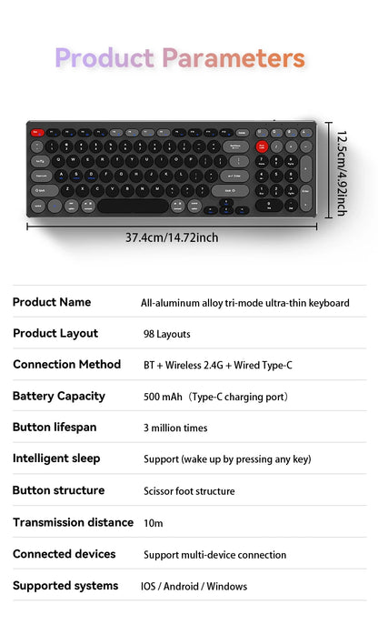 Hiljainen alumiininäppäimistö, kolme yhteystilaa, ergonominen, ohut