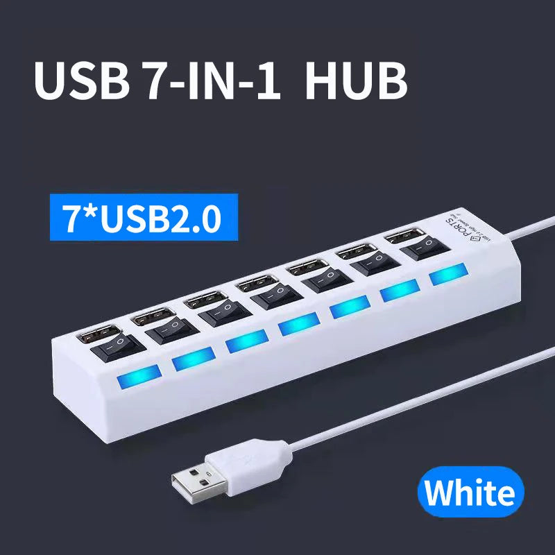Elough USB 2.0 Hub 4/7 Porttia - Nopea Moniliitäntäinen Jakaja Kytkimellä