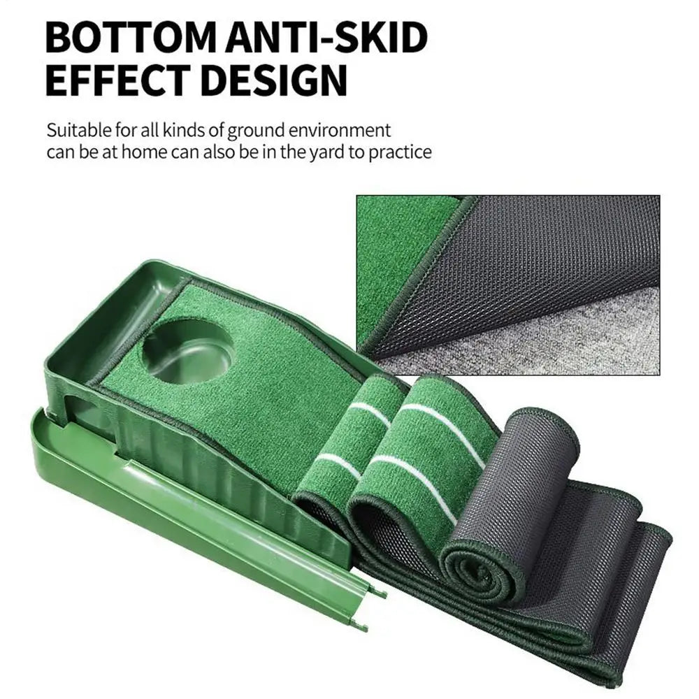 Golf putting practice mat, with guide lines and automatic ball return