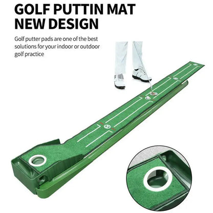 Golf putting practice mat, with guide lines and automatic ball return