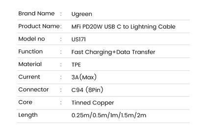 UGREEN MFi 20W USB-C Lightning-kaapeli – PD Pikalataus iPhone 14/13/12 Pro Max & iPad – 1M