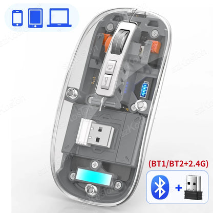 Langaton bluetooth läpinäkyvä pelihiiri, ladattava akku