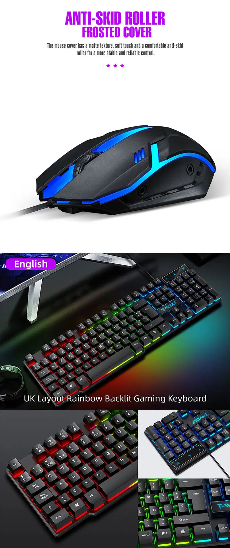Keyboard and mouse set for gaming, backlit, wired