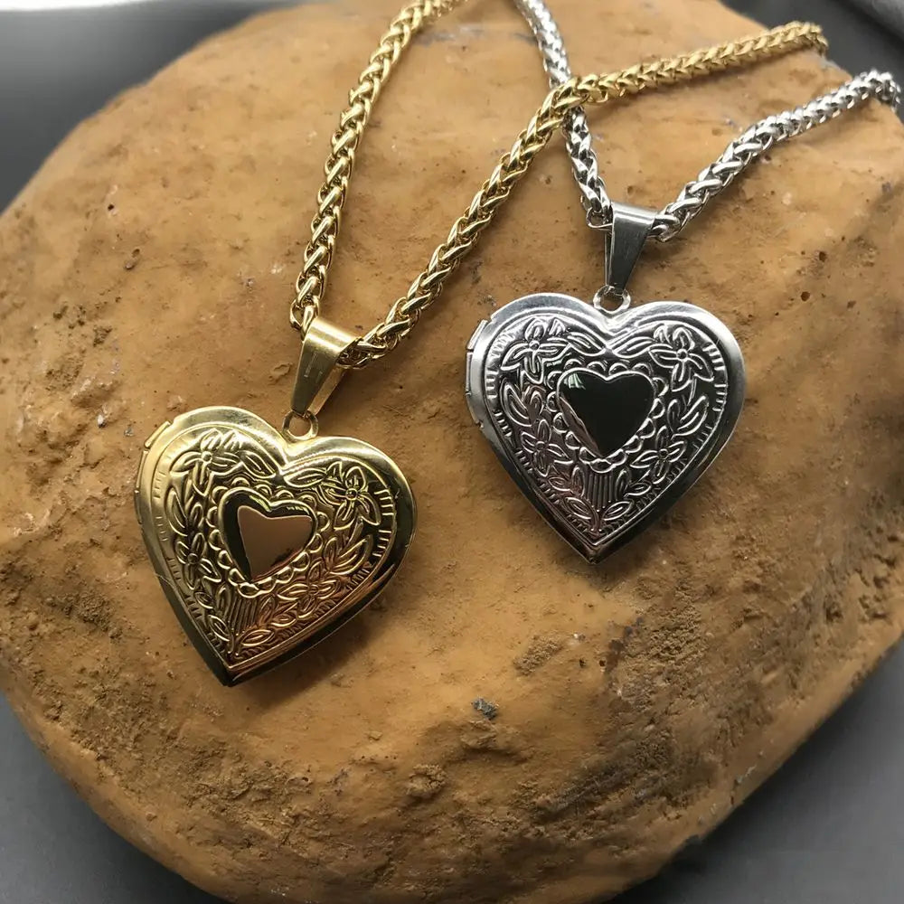 Heart locket necklace for women and men, gold or silver