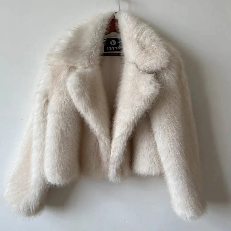 MYMX Faux fur jacket for women, large collar, short model