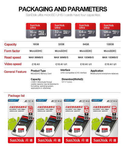 SanDisk MicroSD-muistikortti, 256GB/128GB/64GB/32GB, Class 10, UHS-1