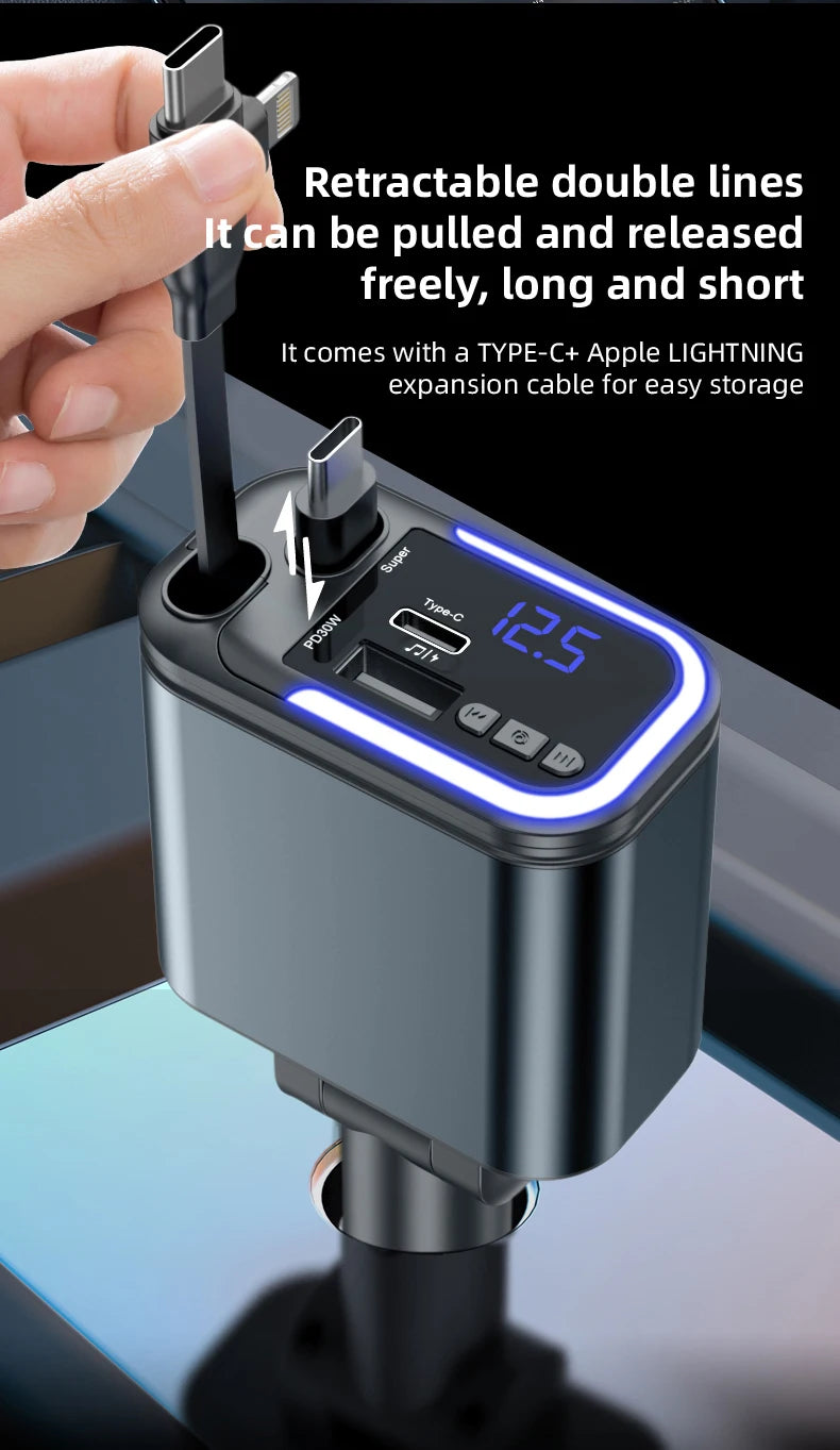 5-in-1 180W Autolaturi – Bluetooth 5.0 FM-lähetin, Pikalataus ja LED-valaistus