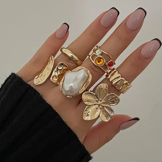 Ingemark flower and pearl ring set for women, gold or silver