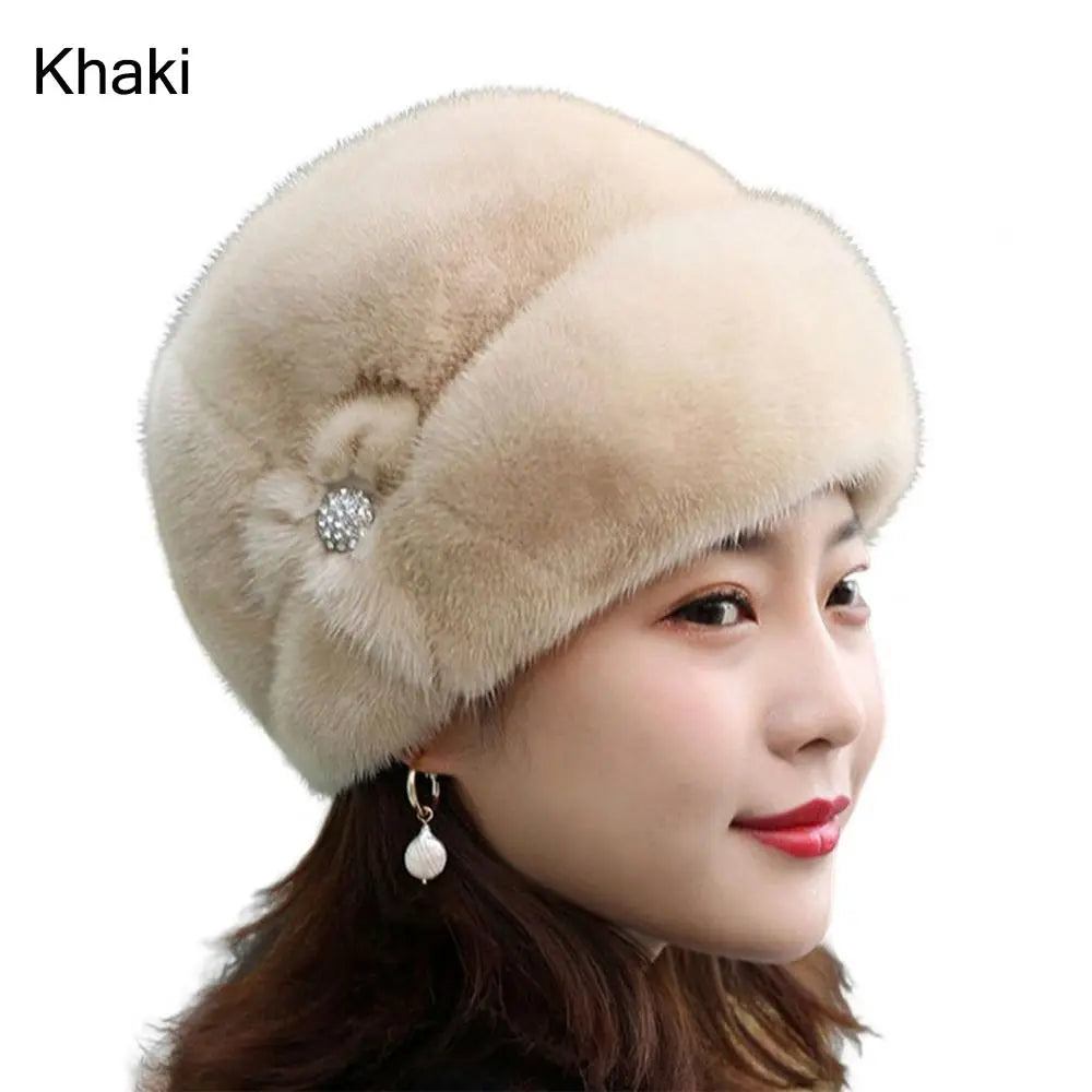 Women's rabbit fur hat with floral decoration, various colors