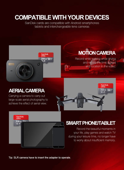 SanDisk MicroSD-muistikortti, 256GB/128GB/64GB/32GB, Class 10, UHS-1