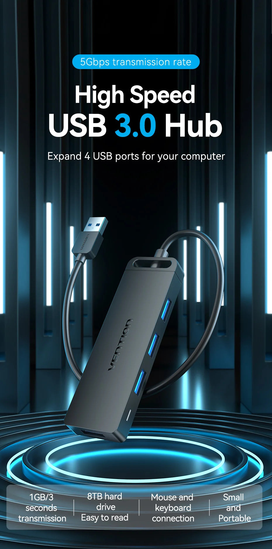 Vention USB 3.0 Hub 4 Porttia - Ohut Nopea Jakaja MacBook, PC & Laptop