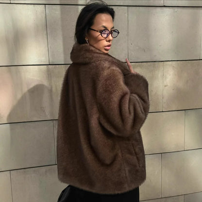 Brown mink faux fur coat for women, retro brown color