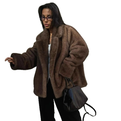Brown mink faux fur coat for women, retro brown color