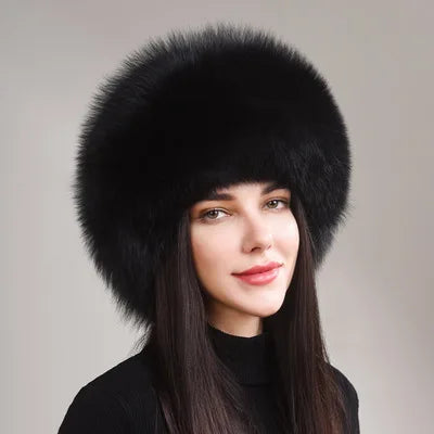 Women's genuine fox fur hat with earflaps, thick luxury winter hat
