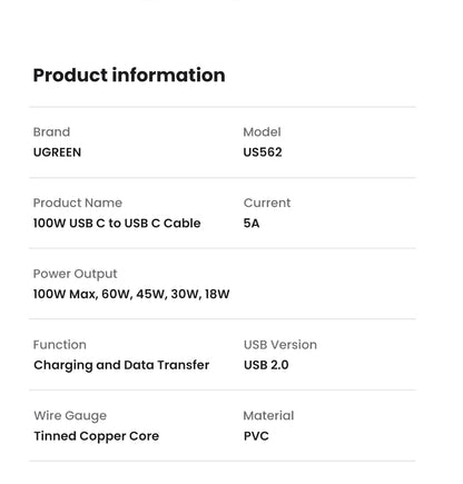 UGREEN 100W USB-C Latauskaapeli – PD 3.0 Pikalataus 5A – iPhone 15, MacBook, iPad Pro – 0.5M