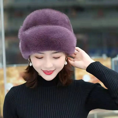 Women's rabbit fur hat with floral decoration, various colors
