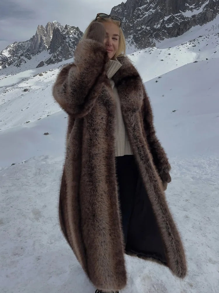 Long luxurious faux fur coat for women, lapel collar, long model