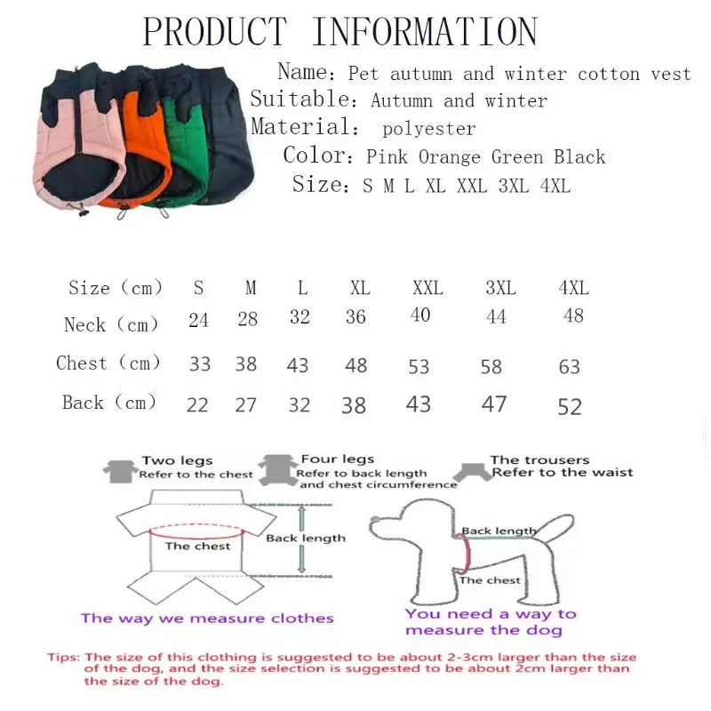 Warm winter dog vest with polo collar, for small, medium and large dogs