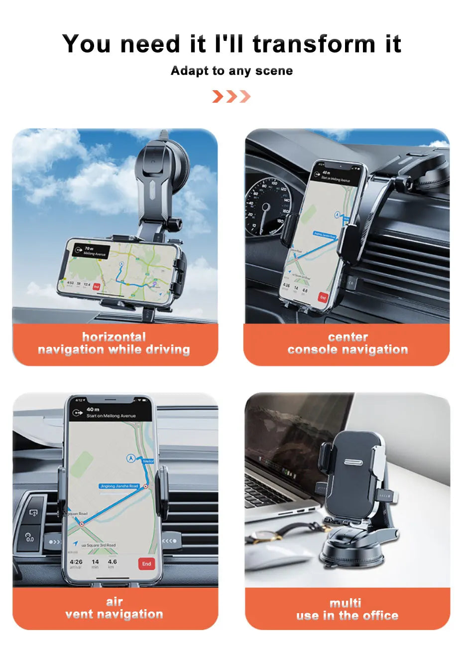 BLALION Autoteline Kojelaudalle – 360° Kääntyvä Painovoimateline Jatkojaloilla