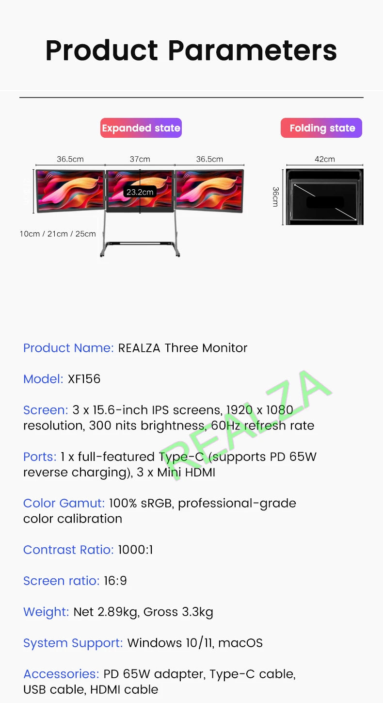 Triple-screen portable monitor, 15.6" Full HD IPS displays