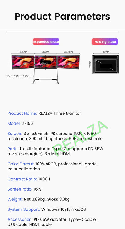 Triple-screen portable monitor, 15.6" Full HD IPS displays
