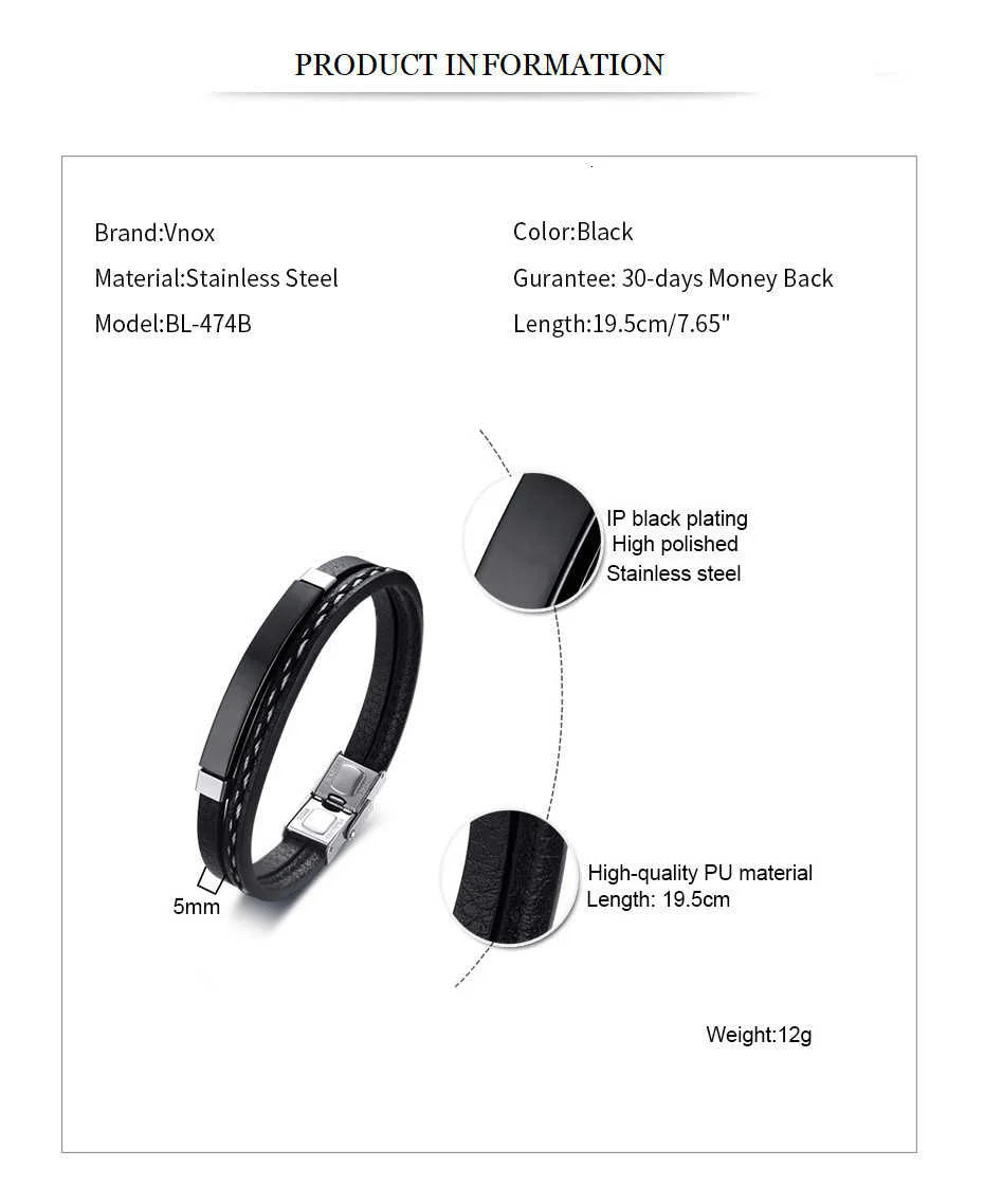 VNOX Genuine Leather Double Bracelet for Men