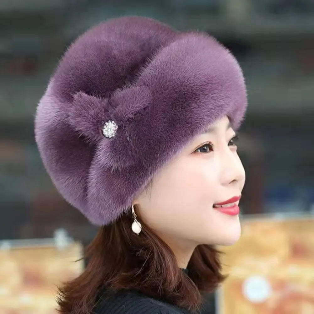 Women's rabbit fur hat with floral decoration, various colors