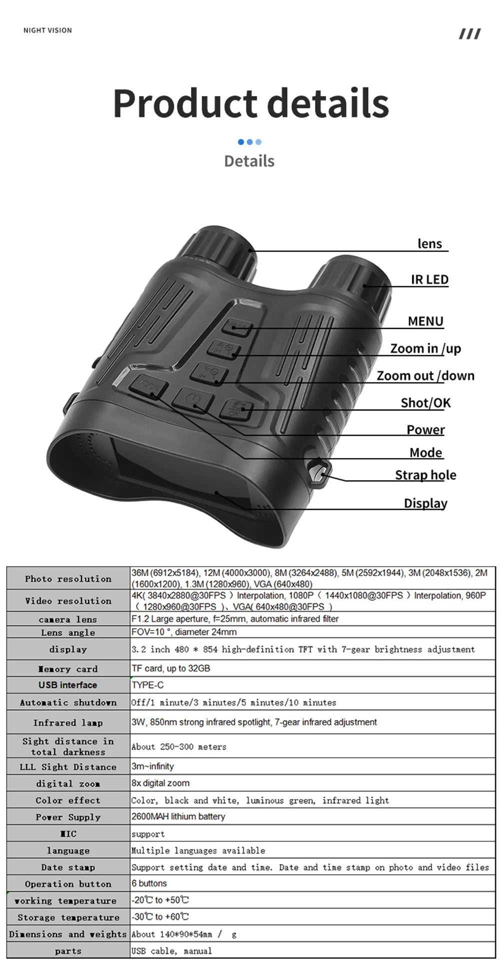 Ponbos NV2180 4K UHD Taktinen Yönäkökiikarit - 36MP Kamera, 8x Zoom, Infrapuna Metsästykseen ja Retkeilyyn