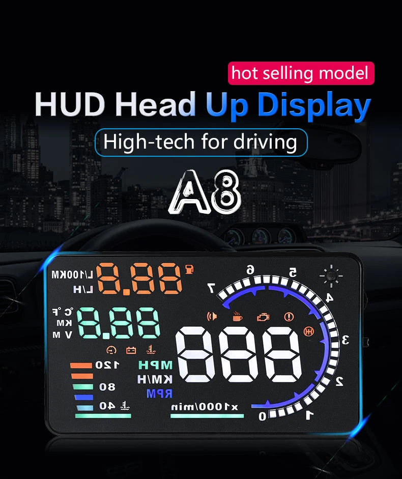 A8 5.5" OBD2 HUD Tulosnäyttö – LED-tuulilasiprojektori Nopeus, RPM ja Lämpötila