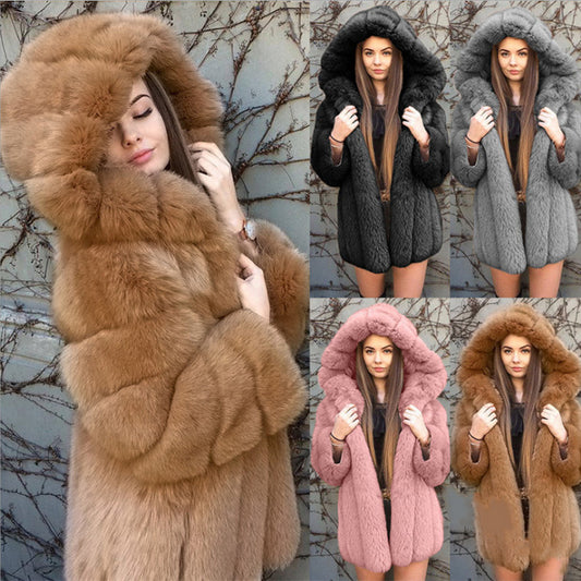 Women's medium length fashion fur coat, elegant design, premium faux fur