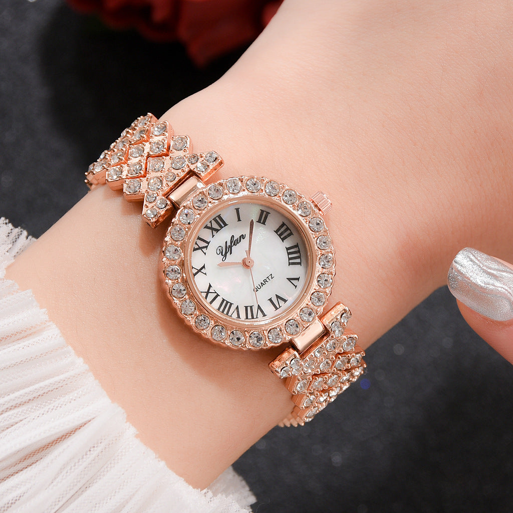 Diamond-embellished women's wristwatch, stylish Roman numerals