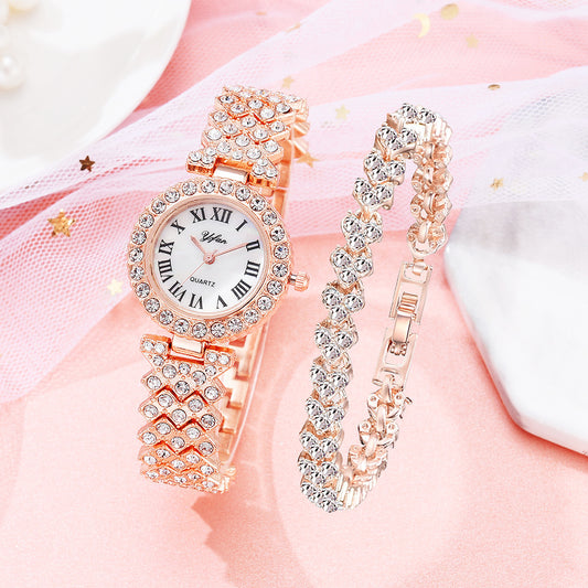 Diamond-embellished women's wristwatch, stylish Roman numerals