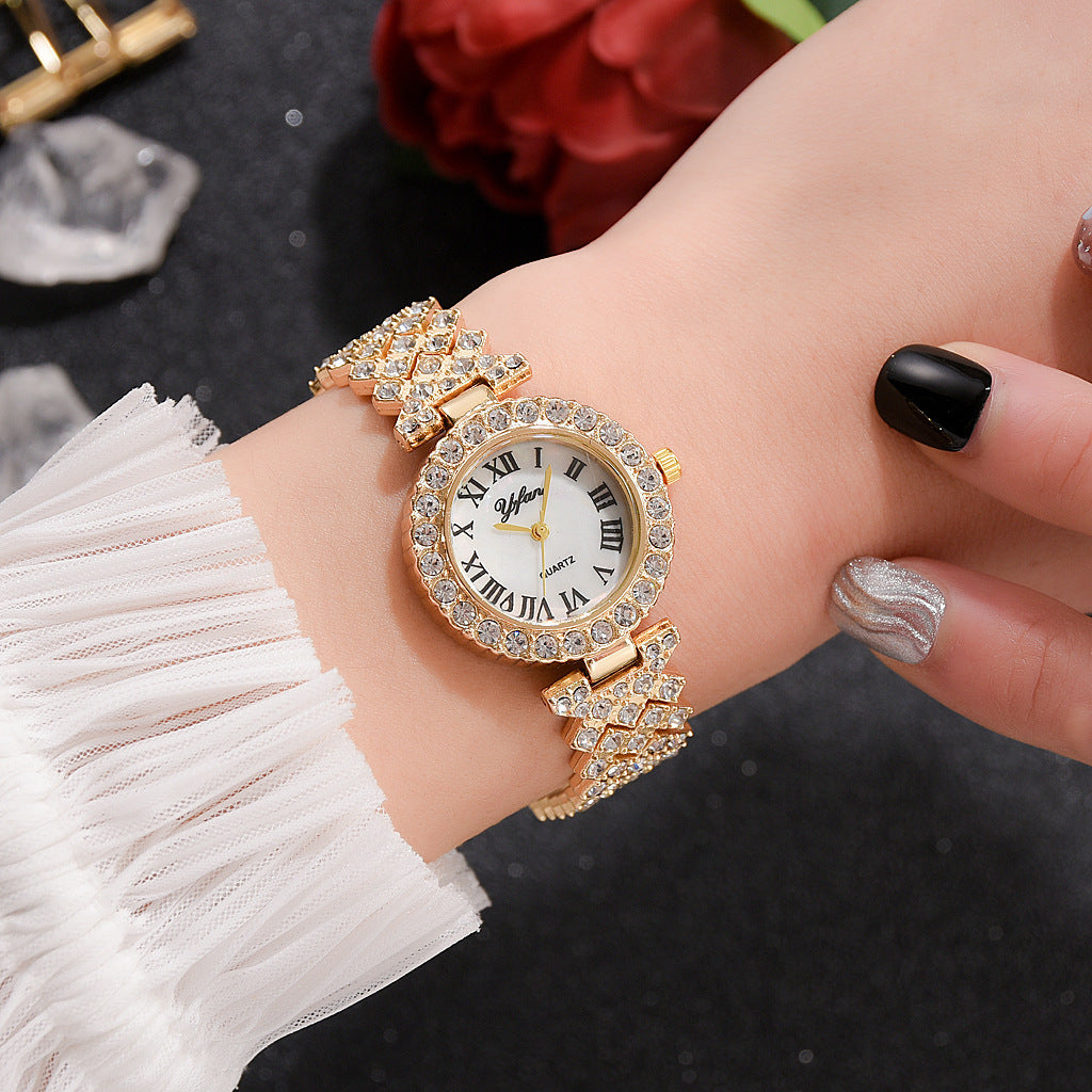 Diamond-embellished women's wristwatch, stylish Roman numerals