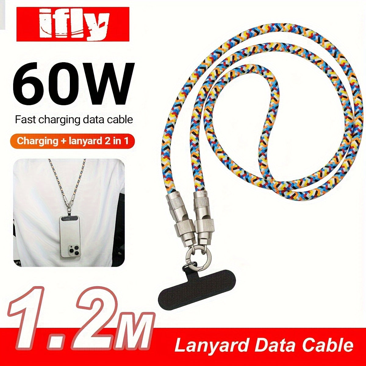 Phone strap fast charging cable combination, 60W, C-type